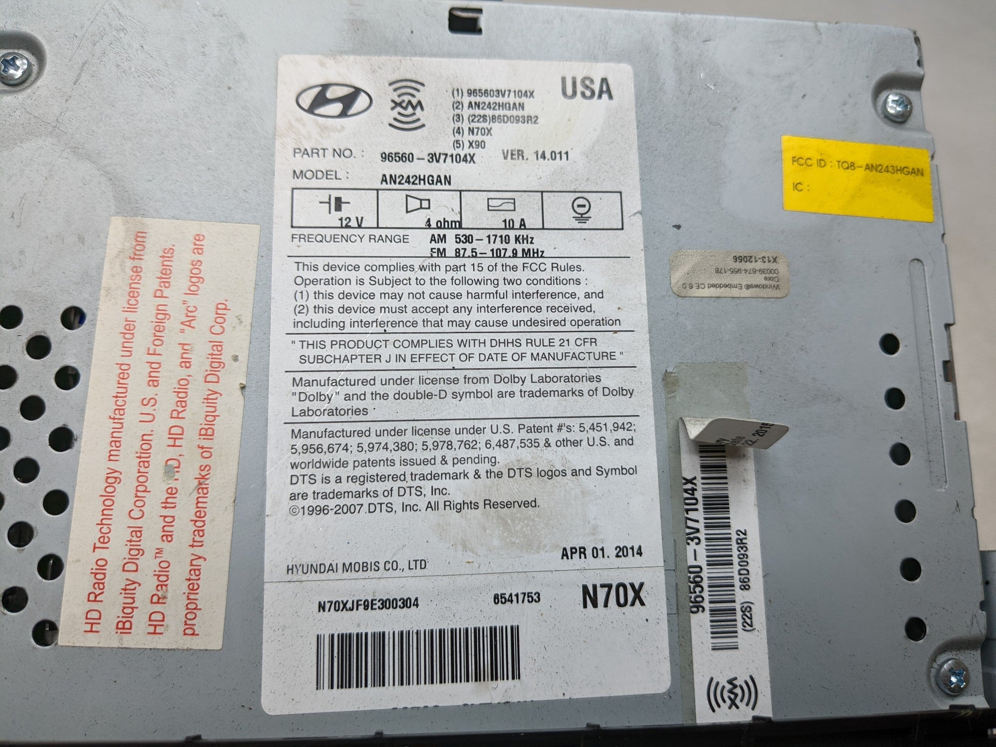 2012 - 2014 HYUNDAI AZERA OEM RADIO STEREO RECEIVER UNIT AUDIO VISUAL EQUIPMENT